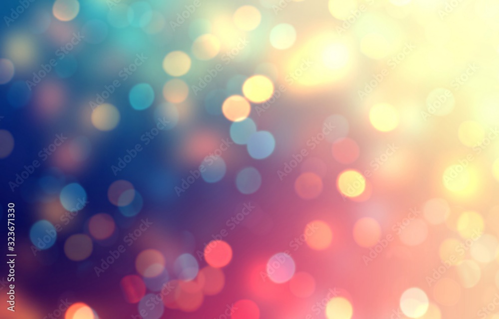 Festive background bokeh retro colors. Blur texture red yellow blue glitter. Abstract shimmer template. Defocus sparkles pattern.