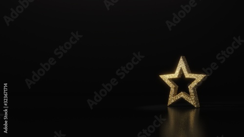 science glitter gold glitter symbol of bookmark button 3D rendering on dark black background with blurred reflection with sparkles