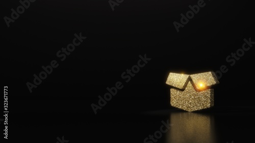 Fototapeta Naklejka Na Ścianę i Meble -  science glitter gold glitter symbol of box open 3D rendering on dark black background with blurred reflection with sparkles