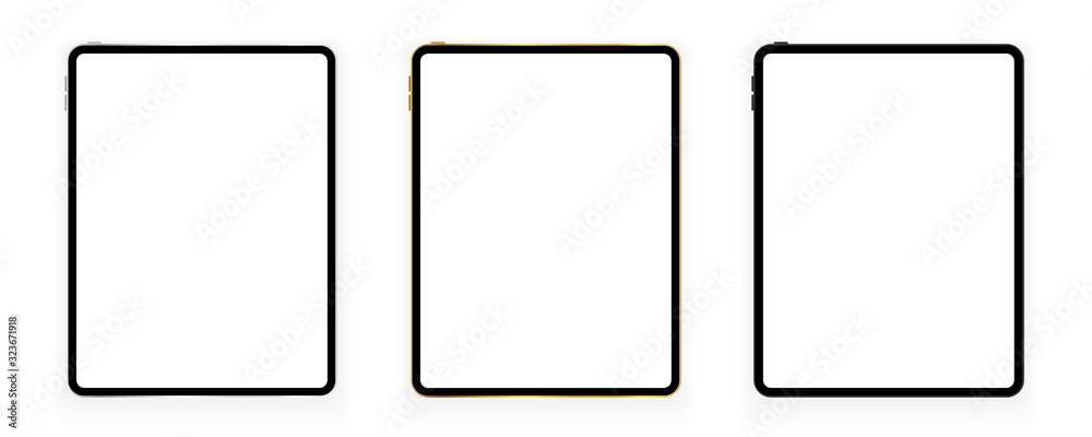 New design of gold, silver and black tablets in trendy thin frame style with shadow isolated on white background. Empty screen concept. Vector illustration New design of gold, silver and black tablets in trendy thin frame style with shadow isolated on white background. Empty screen concept. Vector illustration