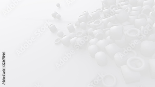 white abstract background and wallpaper with empty space, cube, cone, torus and sphere collected