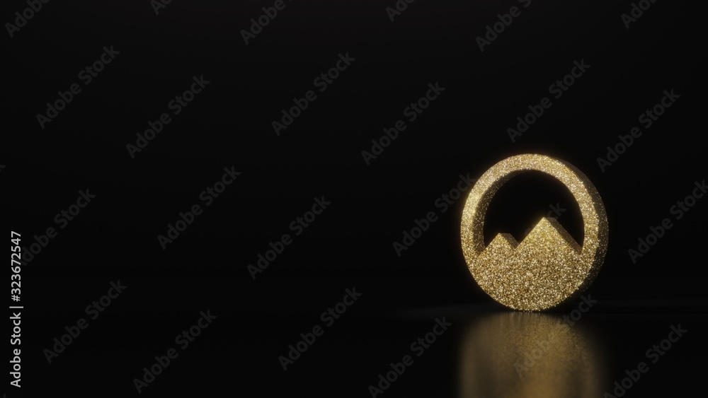 science glitter gold glitter symbol of circle mountain 3D rendering on dark black background with blurred reflection with sparkles science glitter gold glitter symbol of circle mountain 3D rendering on dark black background with blurred reflection with sparkles