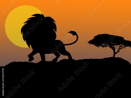 Fototapeta Naklejka Na Ścianę i Meble -  Silhouette of a Lion in a Sunset, Digital Art