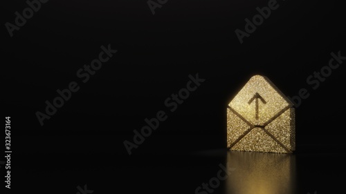 science glitter gold glitter symbol of paper open envelope 3D rendering on dark black background with blurred reflection with sparkles © Destrosvet