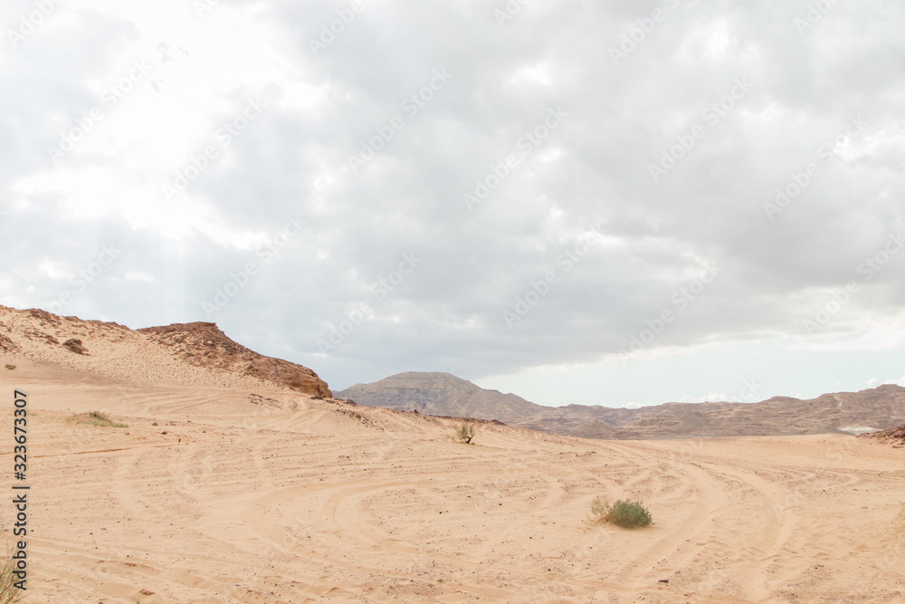 Desert, red mountains, rocks and cloudy sky. Egypt, color canyon.