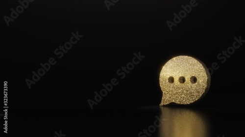 science glitter gold glitter symbol of rounded chat bubble 3D rendering on dark black background with blurred reflection with sparkles