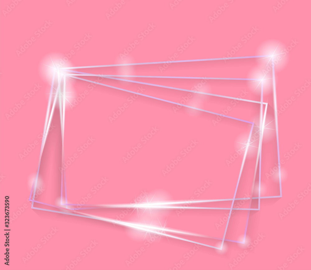 Blue shiny glowing vintage frame with shadows isolated on pink background. Blue luxury realistic rectangle border. Vector