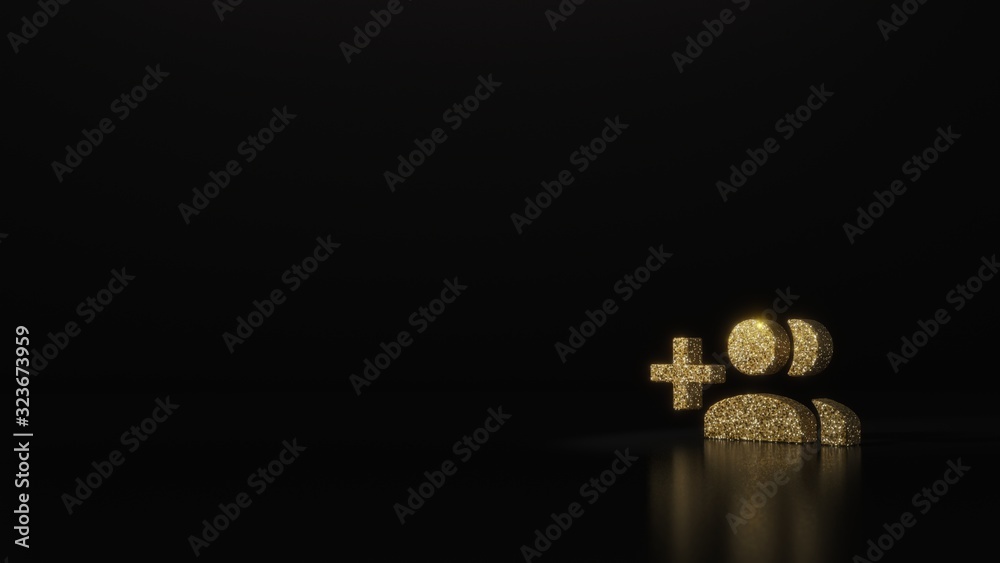 science glitter gold glitter symbol of create group button 3D rendering on dark black background with blurred reflection with sparkles
