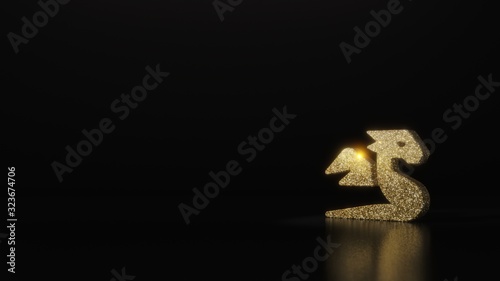 science glitter gold glitter symbol of dragon 3D rendering on dark black background with blurred reflection with sparkles