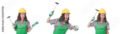 Young woman with hammer on white