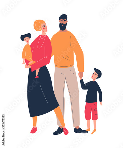 Muslim family with kids. People in traditional clothing, woman in hijab. Vector illustration