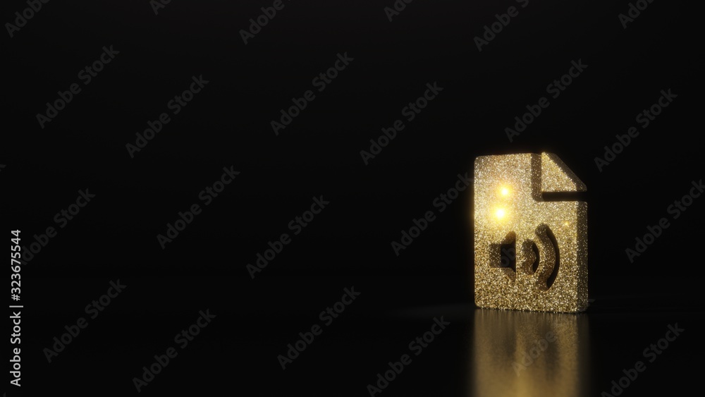 science glitter gold glitter symbol of file audio 3D rendering on dark black background with blurred reflection with sparkles science glitter gold glitter symbol of file audio 3D rendering on dark black background with blurred reflection with sparkles