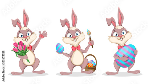 Happy Easter. Funny cartoon rabbit, set