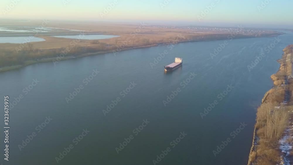 Ship at dawn on the don river, Rostov-on-don