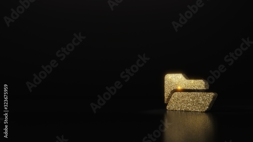 Fototapeta Naklejka Na Ścianę i Meble -  science glitter gold glitter symbol of folder open 3D rendering on dark black background with blurred reflection with sparkles