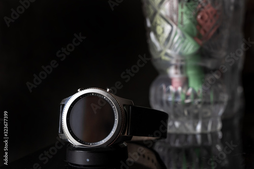 Smart watch on dark background  stock photo.