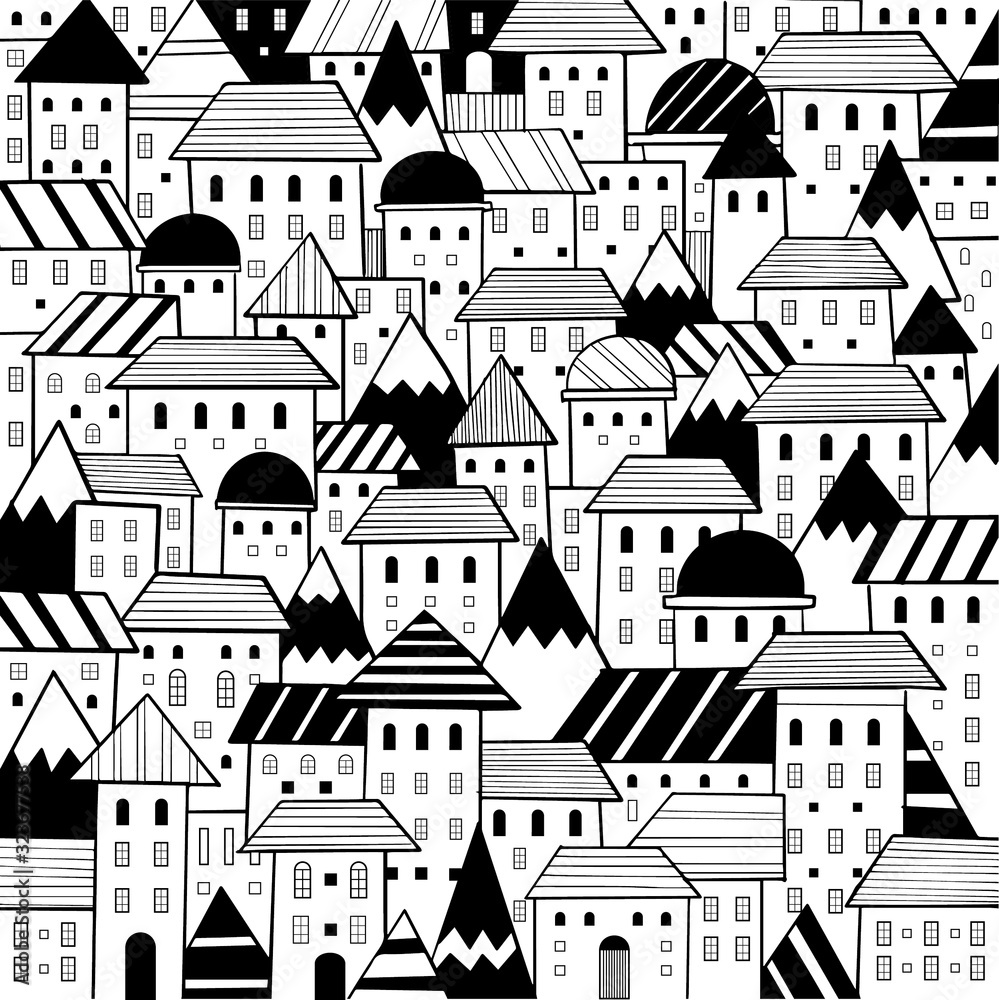 Various hand drawn doodle cartoon houses style pattern black and white city vector 
