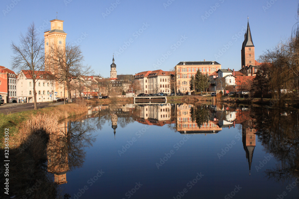 Romantisches Altenburg; Kleiner Teich mit Kunstturm, St. Bartholomäi und Roten Spitzen