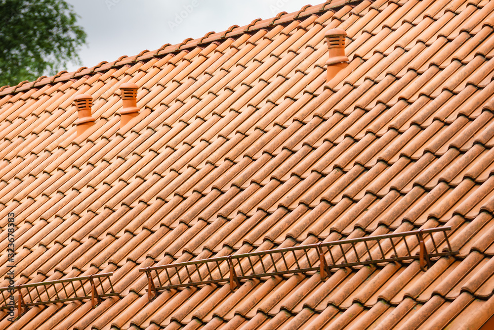 Fototapeta premium Tiles roof with snow guards safety.