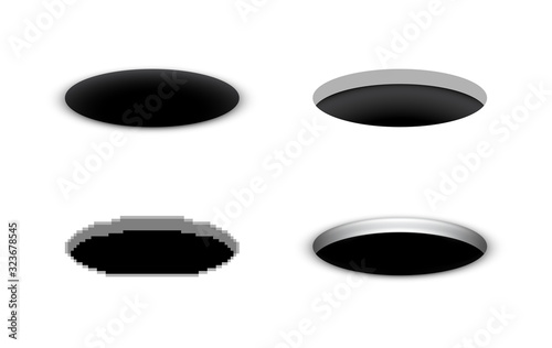 Hole in the ground, vector black cartoon hole in various styles, open manhole, a set of abstract opening illustrations photo