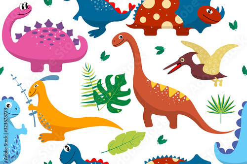 Different cartoon dinosaurs and tropical plants on white background. Seamless pattern. Bright multicolored print for textiles  baby clothes  clothes  decor