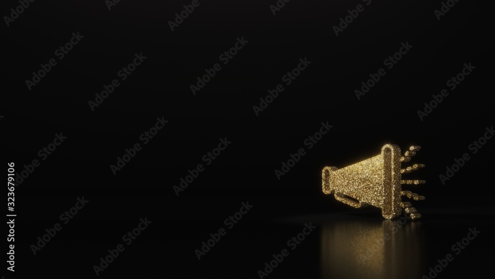 science glitter gold glitter symbol of megaphone 3D rendering on dark black background with blurred reflection with sparkles science glitter gold glitter symbol of megaphone 3D rendering on dark black background with blurred reflection with sparkles