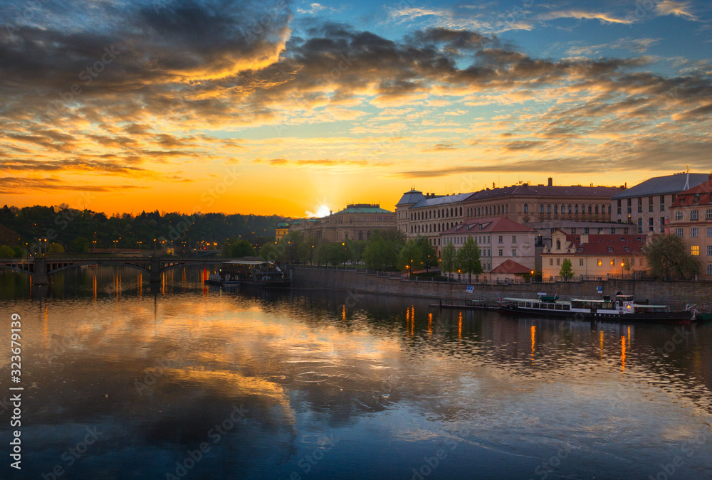 View from the Charles bridge in Prague at sunrise, Czech Republic