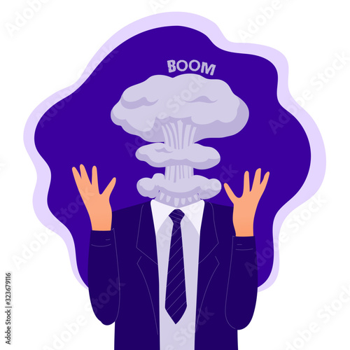Business man portrait with exploding head, concept for stress, burnout, headache, too much work, hand drawn vector illustration