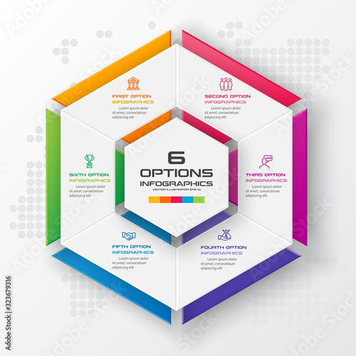Abstract business infographics template with 6 hexagon in white color background