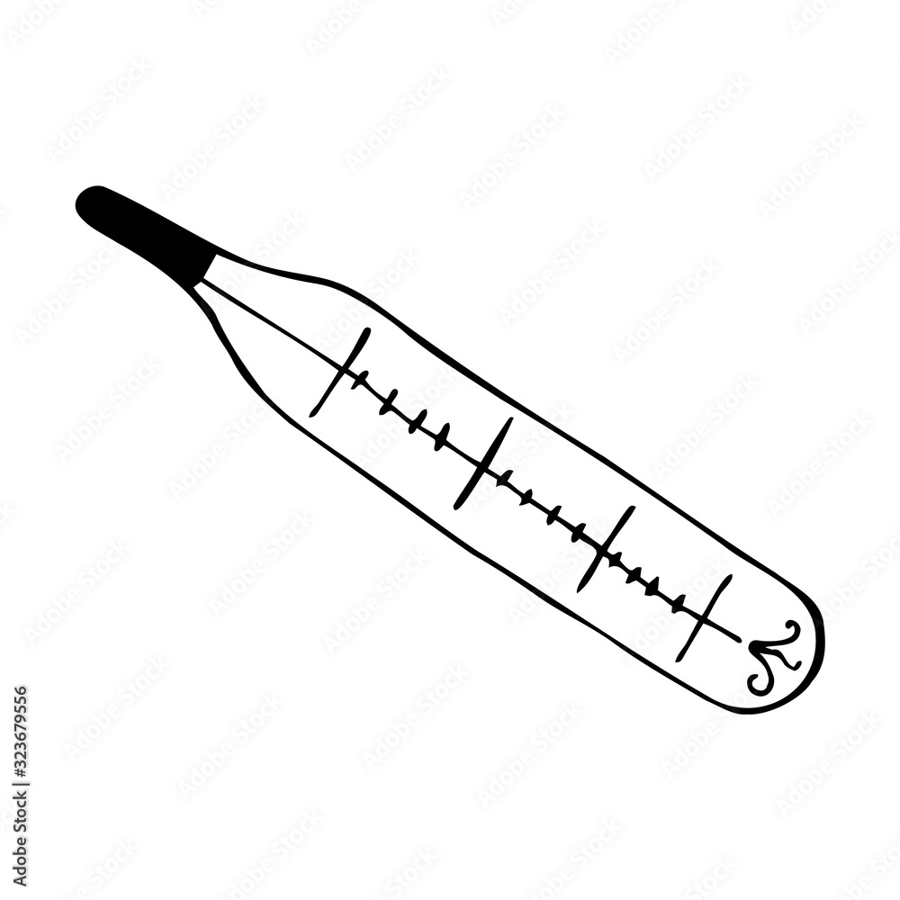 Obraz premium Hand-drawn thermometer in doodle style. Monochrome linear icon. Vector isolated outline symbol. Meteorological and medical equipment for the diagnosis of diseases, including influenza and coronavirus