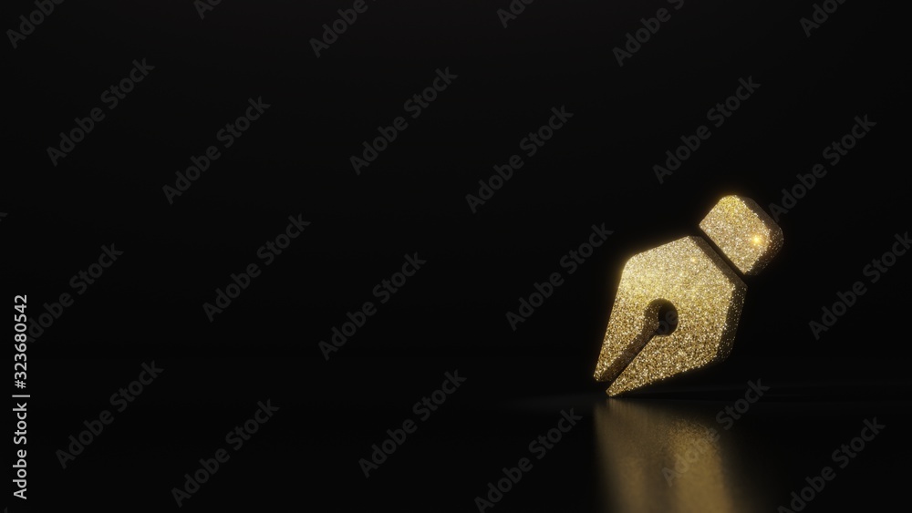 science glitter gold glitter symbol of pen nib 3D rendering on dark black background with blurred reflection with sparkles science glitter gold glitter symbol of pen nib 3D rendering on dark black background with blurred reflection with sparkles