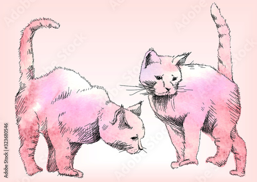 A sketch in lines with a watercolor stain - two figures of cats, silhouettes in motion, sneak, wag their tail, doodles