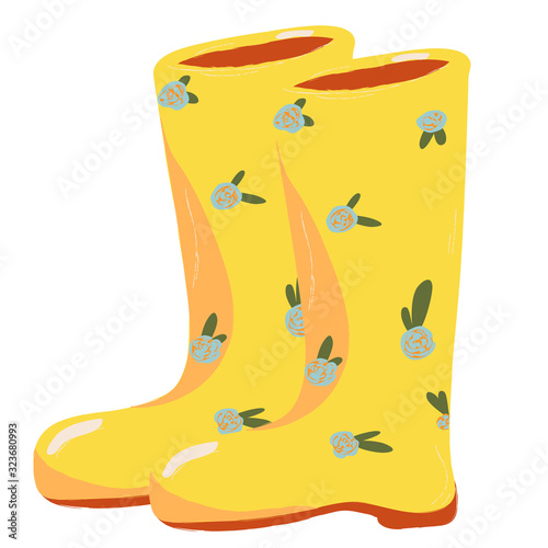 Single Rubber yellow gardening boots. Vector doodle clipart. Isolated on a white background. For design, cards, invitation, decoration, stickers.