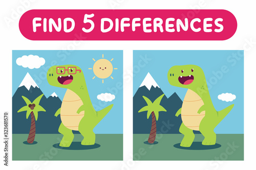 Find five differences. Education game with cute dinosaurs vector cartoon illustration.