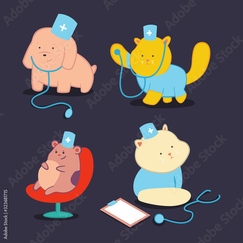Cute doctor pets cartoon characters set. Veterinary and health concept illustration.