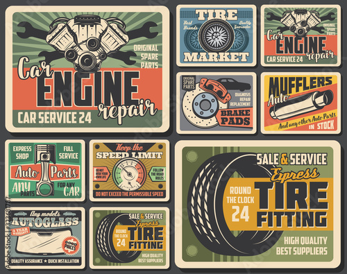 Car spare parts, auto repair service and mechanic garage vector design. Vehicle engine pistons, wheel tires and brake pads, spanner, wrench and mufflers, autoglass and speedometer retro posters
