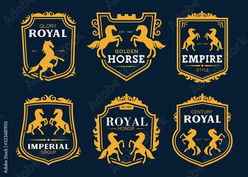 Heraldic horses and Pegasus vector icons for business company and company identity signs. Golden horse heraldry symbols in imperial ornate shield frames, rearing horses and castle crests