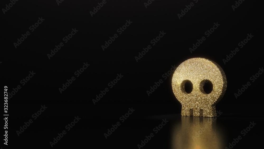 science glitter gold glitter symbol of skull 3D rendering on dark black background with blurred reflection with sparkles science glitter gold glitter symbol of skull 3D rendering on dark black background with blurred reflection with sparkles
