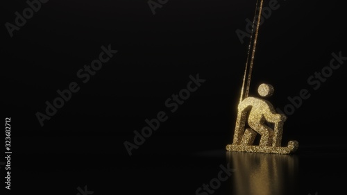 science glitter gold glitter symbol of skiing nordic 3D rendering on dark black background with blurred reflection with sparkles