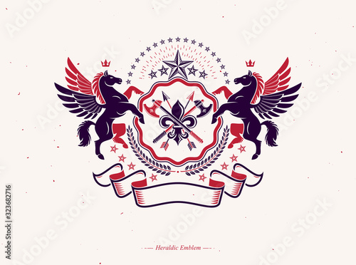 Heraldic Coat of Arms  vintage vector emblem composed with ancient weapon  hatchets and spears. Vector blazon made with mythic Pegasus  imperial crown and Lily flower royal symbol.