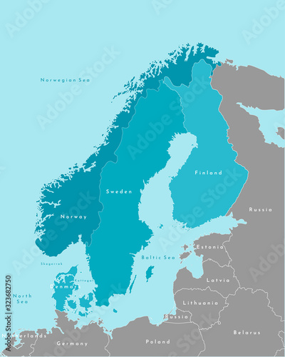 Vector isolated illustration. Simplified political map of scandinavian and northern europe countries in blue colors (Sweden, Finland, Norway, Denmark) and nearest areas in grey. Borders of the states. photo