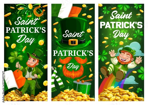 Irish holiday leprechauns with clovers and gold, St Patricks Day vector banners. Green shamrock leaves, leprechaun hats and golden coins, lucky horseshoe, flags of Ireland, celtic treasure rainbow