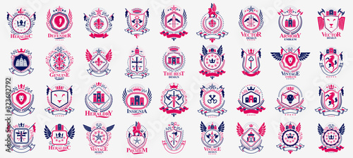 Classic style emblems big set, ancient heraldic symbols awards and labels collection, classical heraldry design elements, family or business emblems.