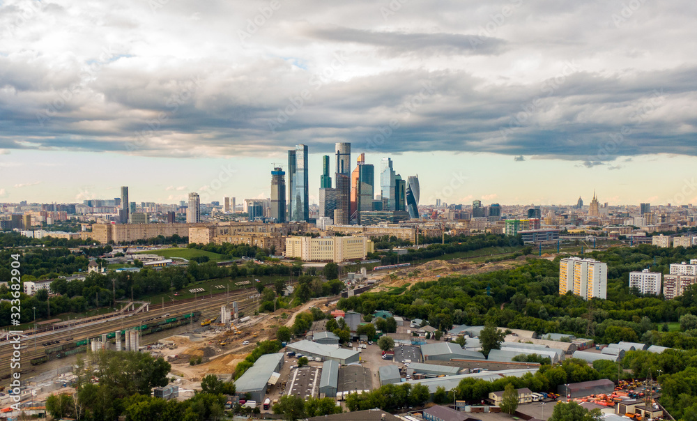 Aerial view of the Moscow, in the background is a large modern business center and skyscrapers. Aerial photography