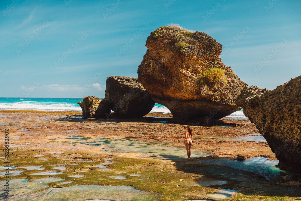 Attractive woman in bikini posing at ocean beach near rocks Attractive woman in bikini posing at ocean beach near rocks