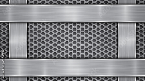 Background in silver and gray colors, consisting of a perforated metallic surface with holes and vertical and horizontal polished plates located on four sides, with a metal texture and shiny edges