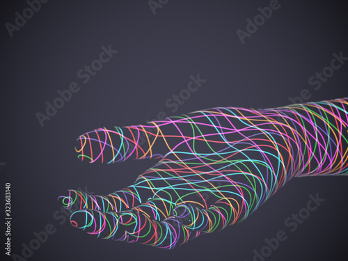 Palm woven from multicolored glowing digital threads. Concept of online support: assistance or inviting gesture. Information technology or artificial intelligence background. Vector illustration.