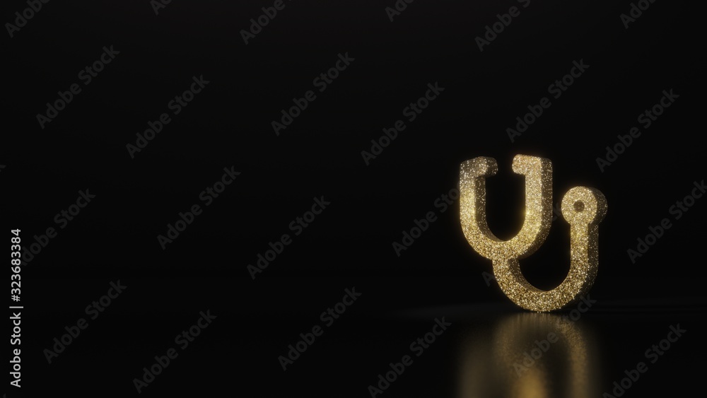science glitter gold glitter symbol of stethoscope 3D rendering on dark black background with blurred reflection with sparkles