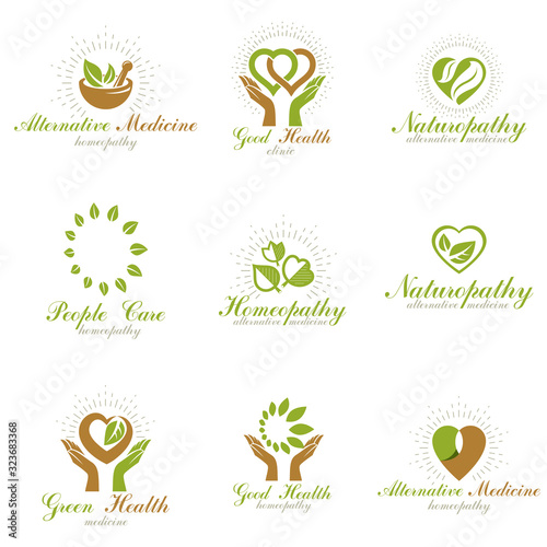 Homeopathy creative symbols collection. Alternative medicine conceptual vector emblems created using green leaves, heart shapes, religious crosses and caring hands.