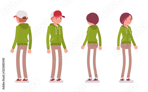 Young man and woman wearing a hoodie jacket standing. Cute smart people in casual green hoody, youth city fashion hooded sweatshirt. Vector flat style cartoon illustration, front and rear view